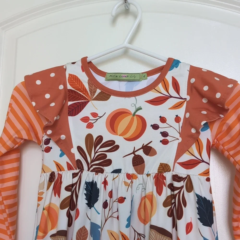 Millie Loves Lily Autum Stripe Floral Ruffle Sleeve Dress Girls 4